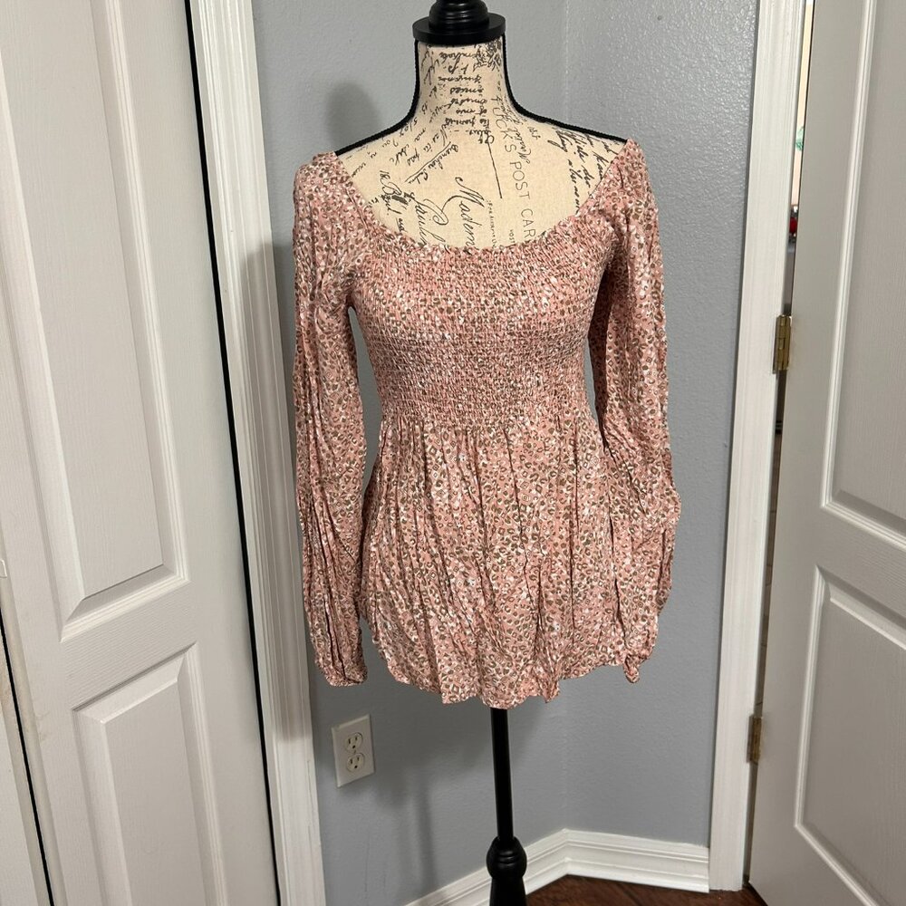 Vanilla Bay Womens Large Smocked Square Neck Boho Blouse Balloon Sleeve